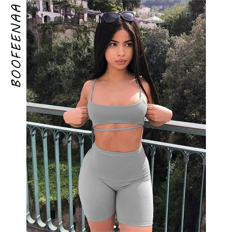 BOOFEENAA conjunto corto Sexy de dos piezas, Tops cortos y pantalones cortos de motociclista, conjuntos ajustados a juego en gris y negro, ropa de verano para mujer C83-BB14