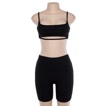 BOOFEENAA conjunto corto Sexy de dos piezas, Tops cortos y pantalones cortos de motociclista, conjuntos ajustados a juego en gris y negro, ropa de verano para mujer C83-BB14