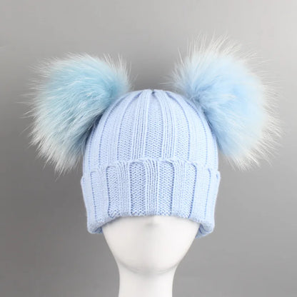 Baby Girls Boys Knit Pom Pom Hat Two Pompoms Children Fashion Caps Kids Pompom Girl Boy Double Raccoon Fur Beanie Hats 2-6Years