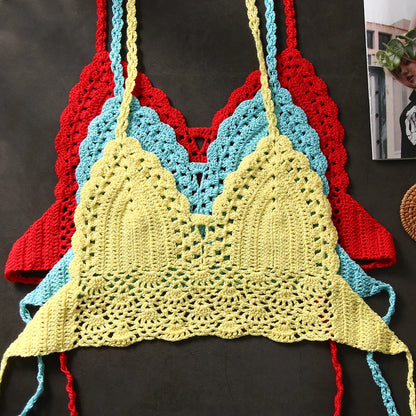 New Sexy Bikini Crop Top Women Crochet Boho Beach Camisoles Bikini Bralette Halter Cami Knitted Bra Backless Beachwear Tank Top