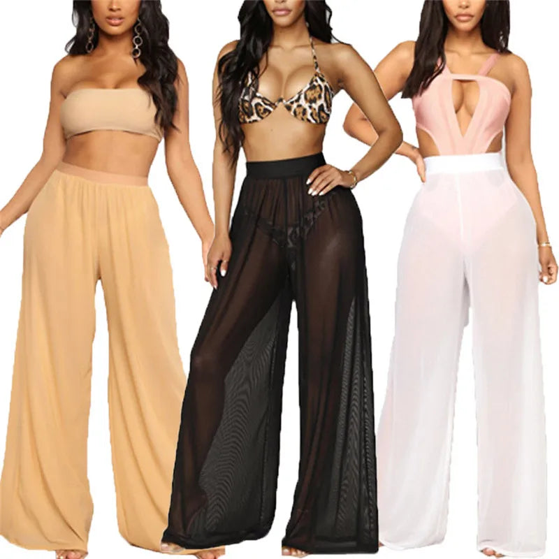 High Waist See Through Wide Leg Mesh Pants - 3 Colors