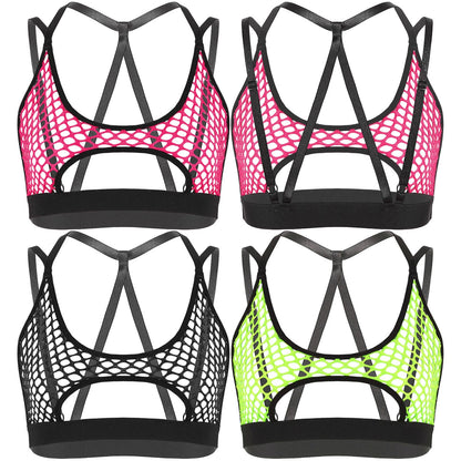 best Women's Hollow Fishnet Halter Elastic Spaghetti Straps Crisscross Back Cutout Underboob Vest Crop Tops Festival Rave Clubwear 0 shop online at M2K Trends for