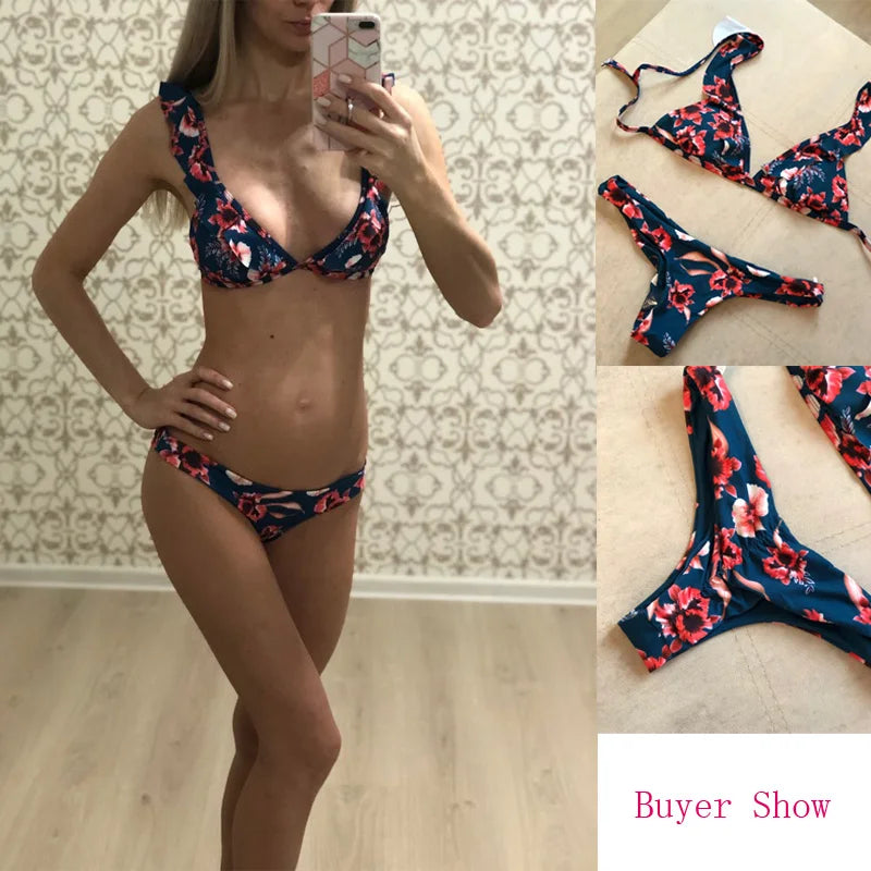 Bikini acolchado con realce para mujer, traje de baño Retro con estampado, ropa de playa para niña, traje de baño para mujer 2021