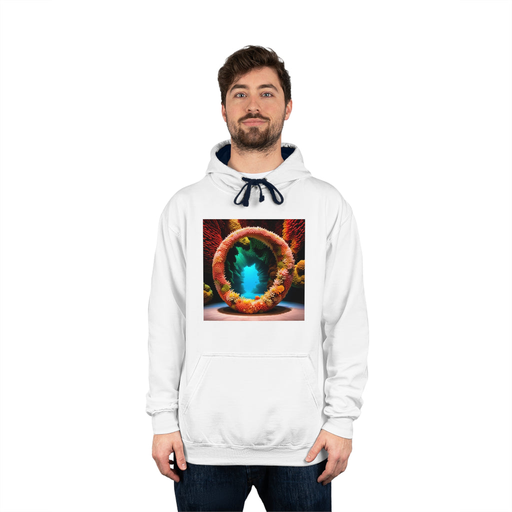 Man wearing a white hoodie with a colorful graphic design on a white background