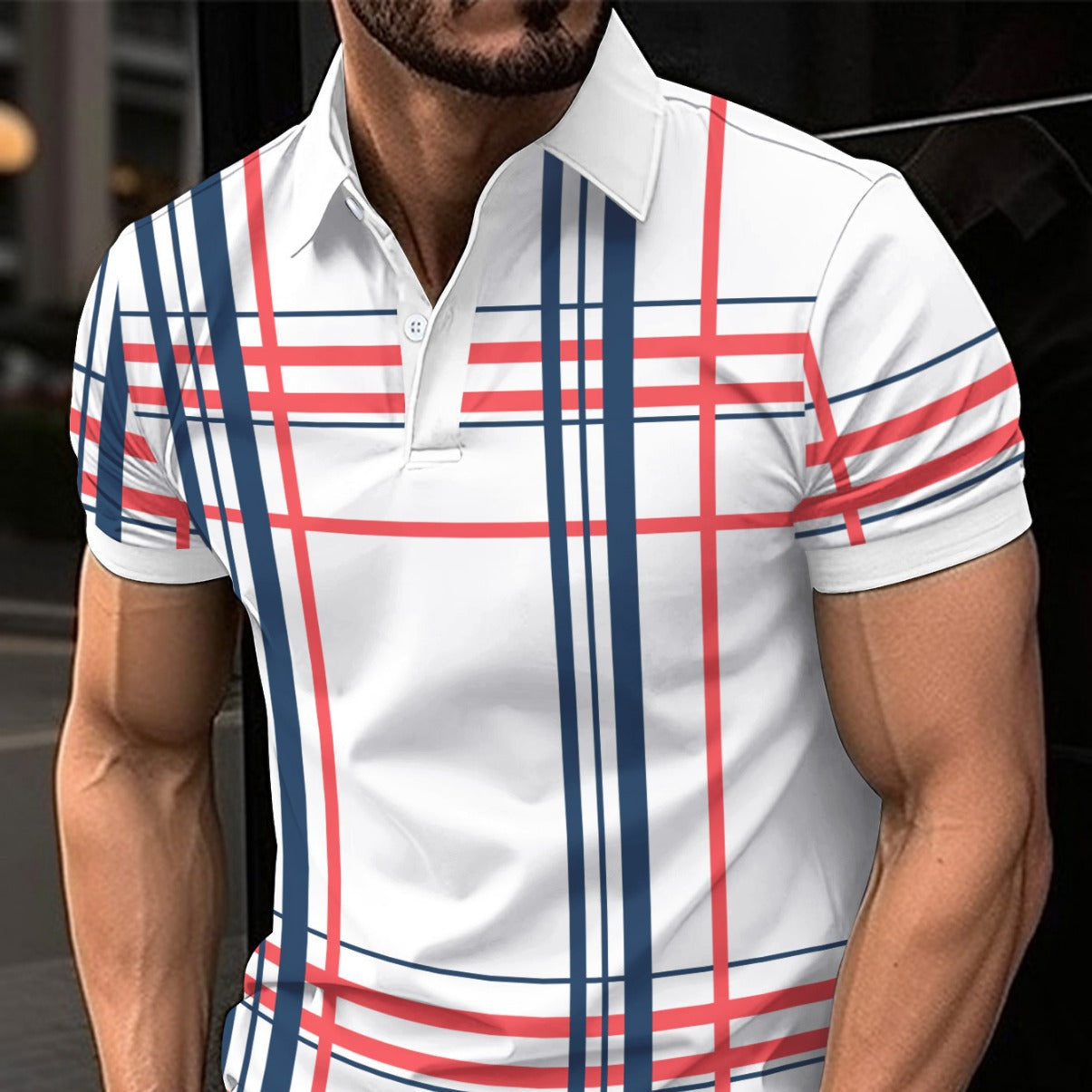  Men's Printed Lapel Button Sport Short Sleeved Shirt