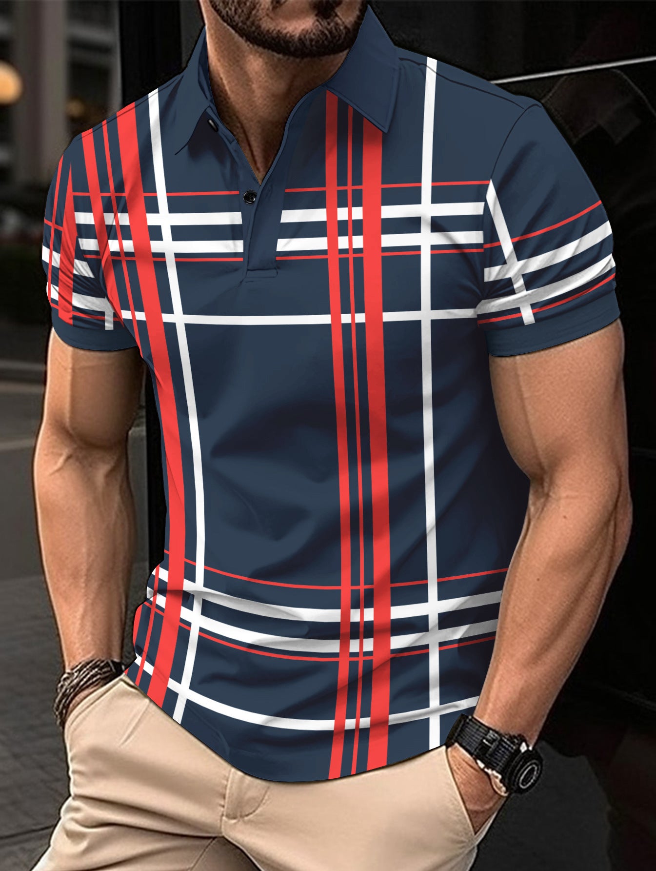 Camisa deportiva de manga corta con botones de solapa estampada para hombre