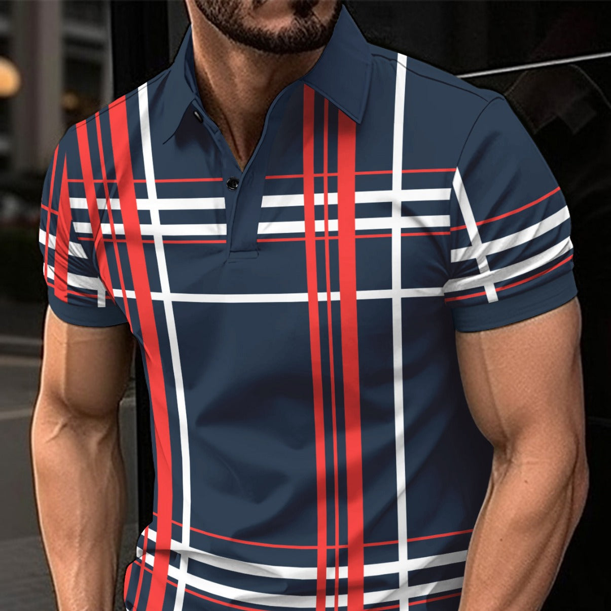 Camisa deportiva de manga corta con botones de solapa estampada para hombre