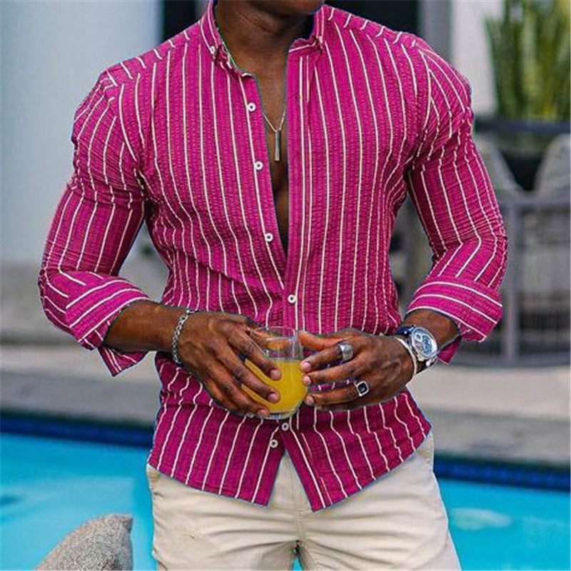 Men's Cardigan 3D Printed Long Sleeve Casual Slim-fitting Type Long Sleeve Lapel Plaid Shirt