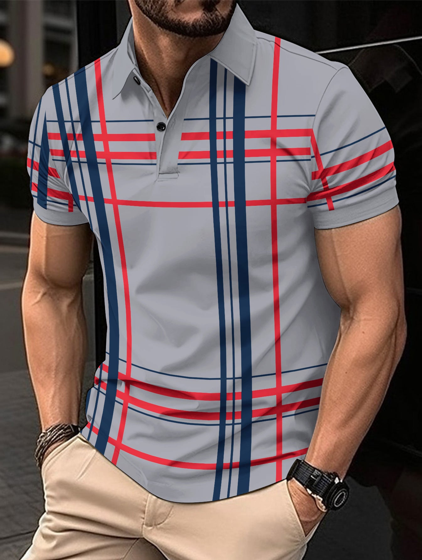 Camisa deportiva de manga corta con botones de solapa estampada para hombre