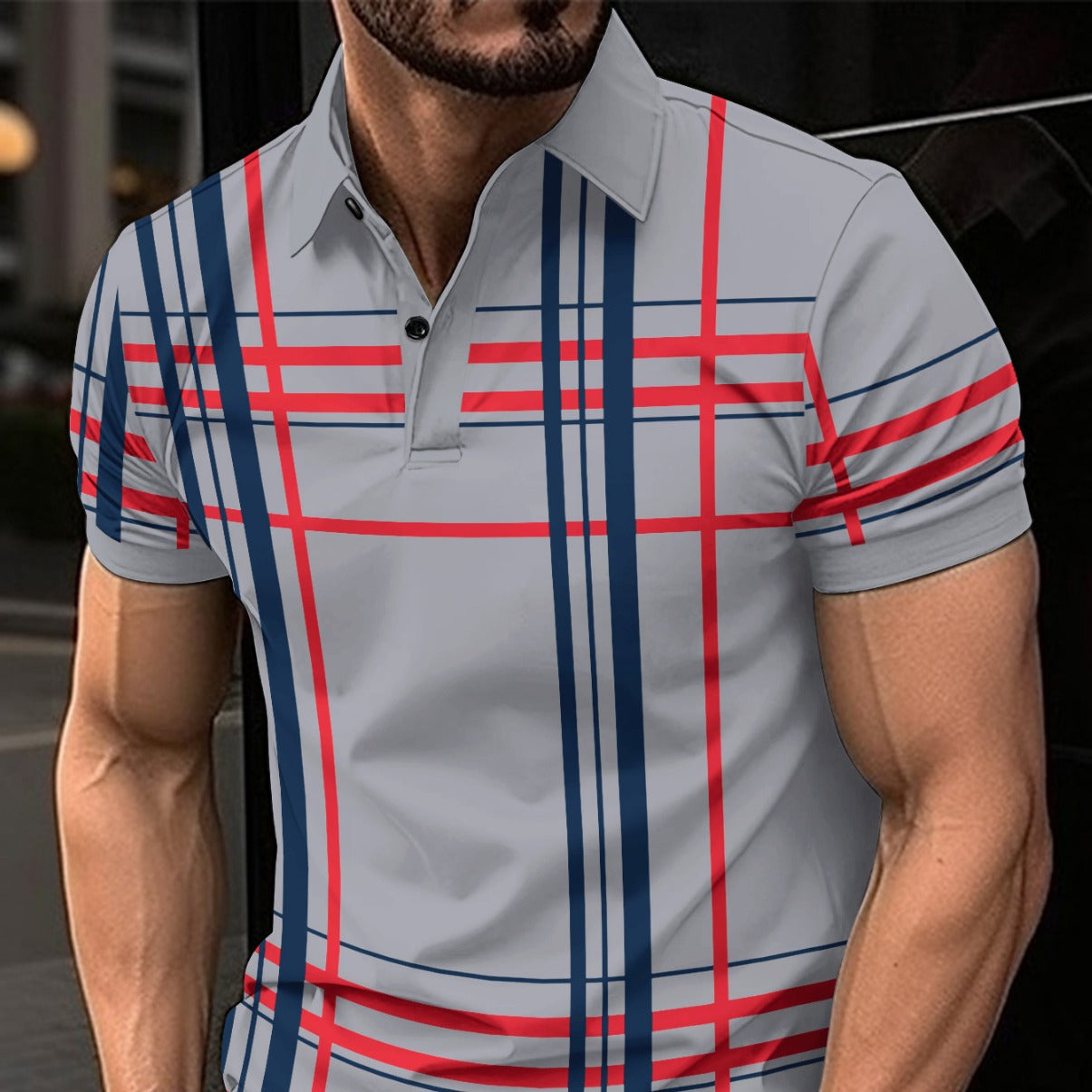 Camisa deportiva de manga corta con botones de solapa estampada para hombre