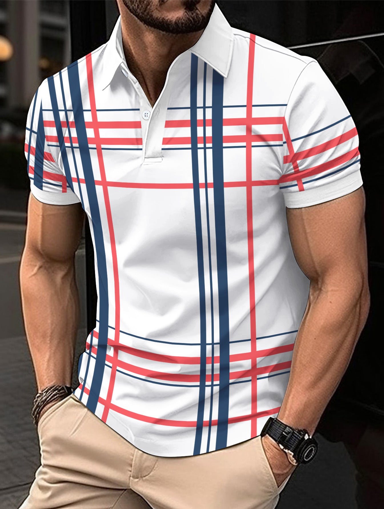 Camisa deportiva de manga corta con botones de solapa estampada para hombre