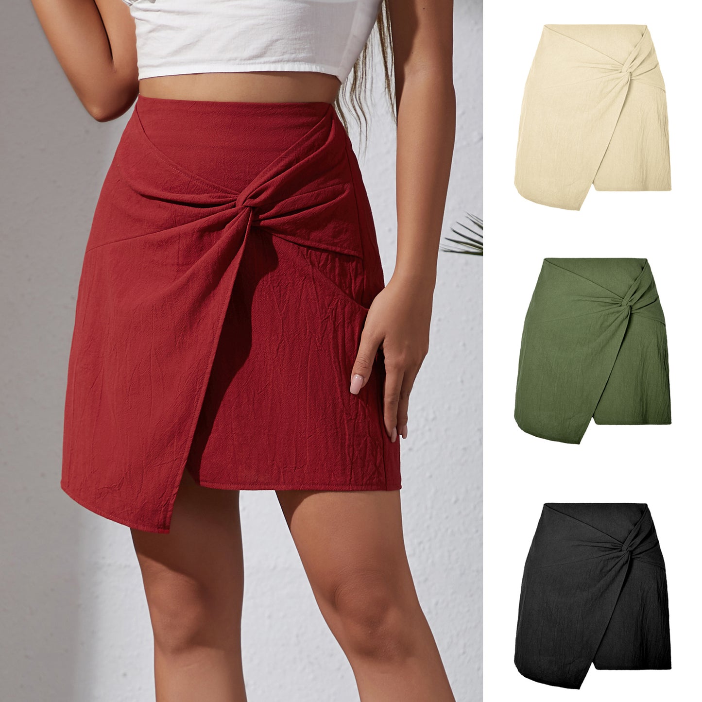 High Waist Cotton and Linen Twisted Skirt for Women