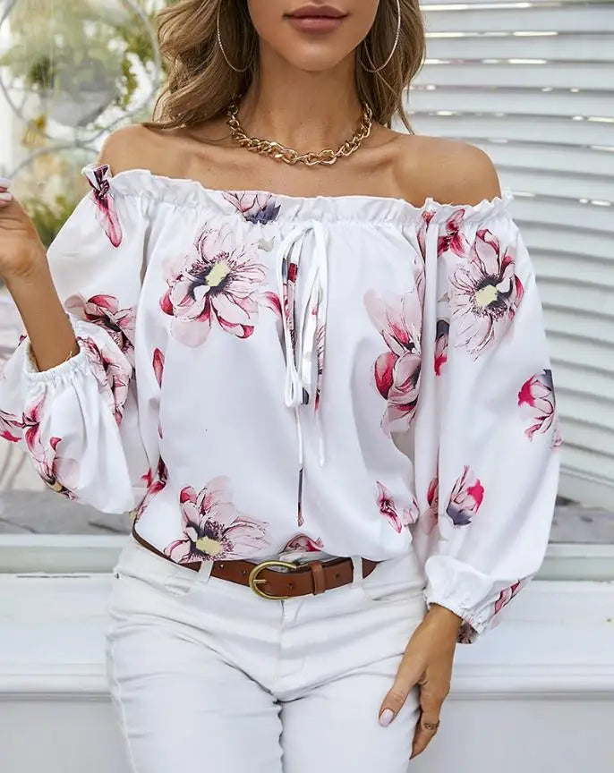 Camiseta de Mujer con Estampado Floral y Hombros Descubiertos, Dobladillo con Volantes, Informal, Elegante, Manga Linterna, Detalle Anudado, Diario, Verano