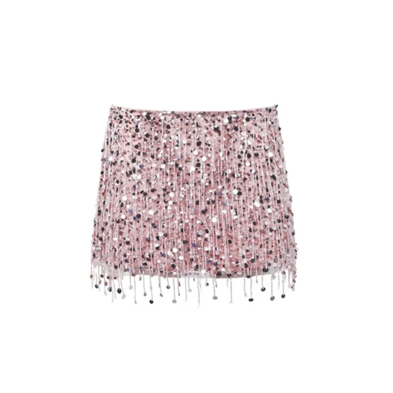 Sexy Sequins Tassel Skirt Sets Women Sling Crop Tops Hip Package A-line Short Skirts 2025 Summer Chic Beach Party Outfits Lady