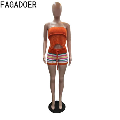 FAGADOER summer new Knitted stripe printing two piece sets women off shoulder backless lace up top and shorts outfits fashion cl