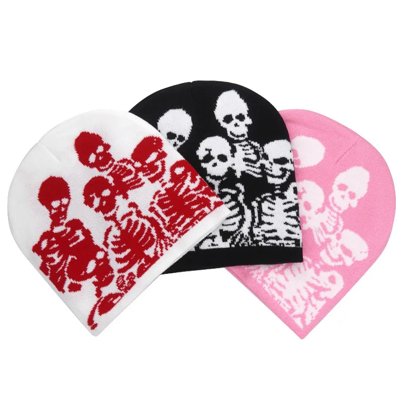 Gorros moda estampado de calavera Y2K sombreros de punto para mujeres hombres protección para los oídos invierno otoño a prueba de viento mantener caliente Gorras Hip Hop Cap