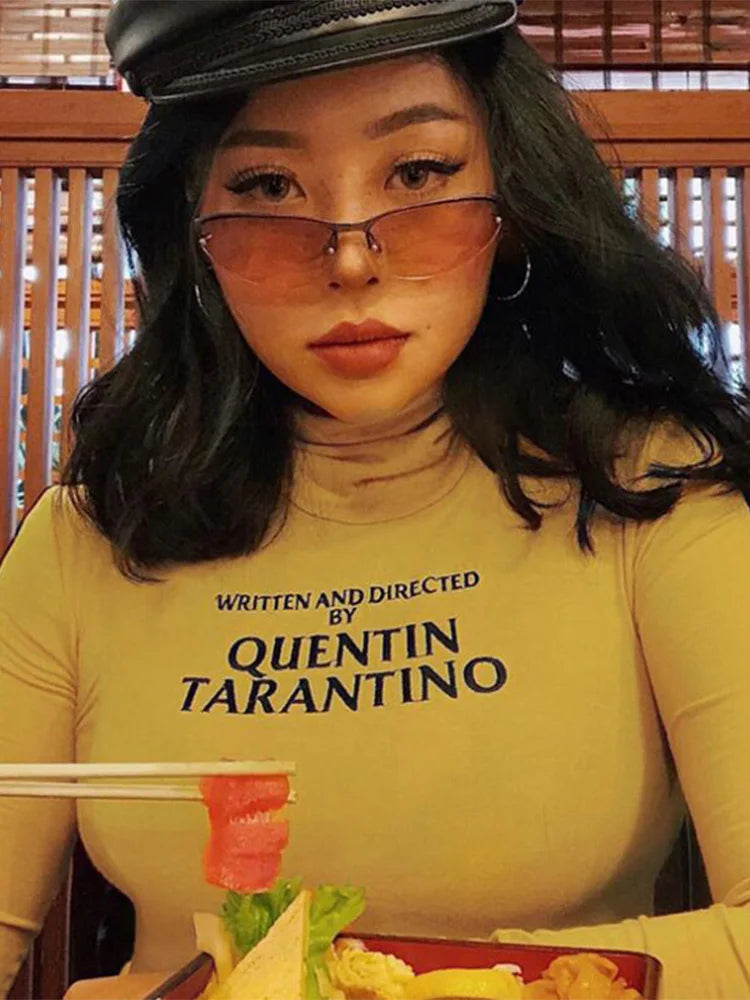 Tops cortos sexys de Quentin Tarantino para mujer, camiseta corta de punto de algodón con cuello alto y manga larga a rayas laterales, moda 2023