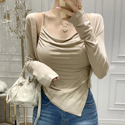 Korea New WOMENGAGA Slim Sexy Body Elegant Pleated Strap+Thin Cardigan Two Piece Shirt Top Sweet Fashion Women Blouse 8R62