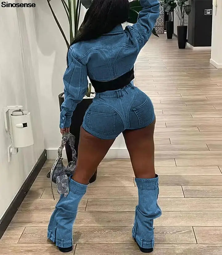 Women's Denim Two 2 Piece Set Long Sleeve Mini Jean Jacket+Jeans Shorts Spring Summer Streetwear Night Club Party Outfits