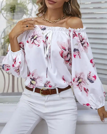 Camiseta de Mujer con Estampado Floral y Hombros Descubiertos, Dobladillo con Volantes, Informal, Elegante, Manga Linterna, Detalle Anudado, Diario, Verano