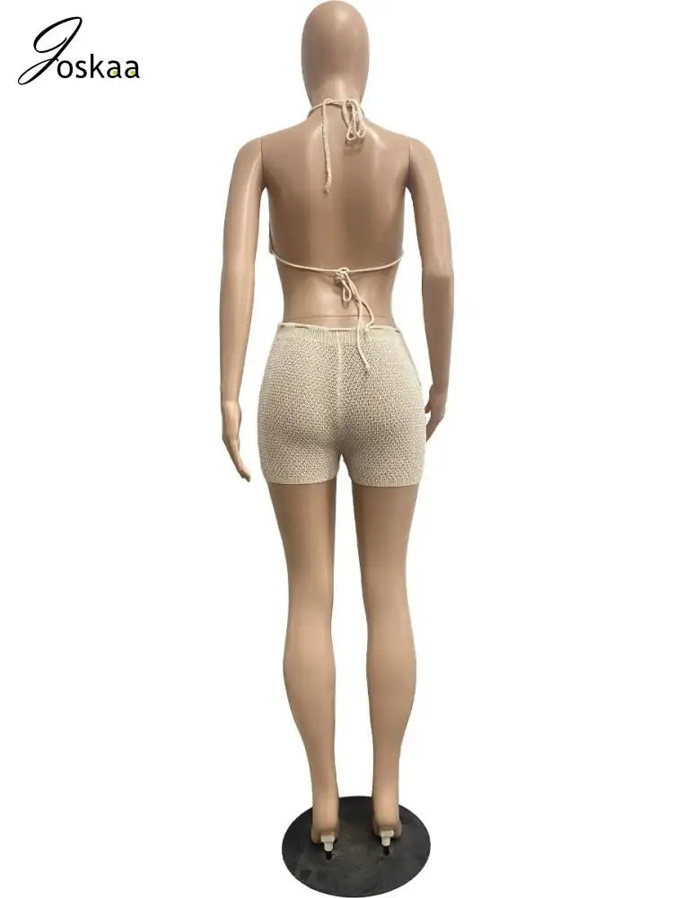Joskaa Knitted Beach Style 2 Piece Set Women Sexy Halter Backless Irregular Top and Drawstring Shorts Match 2023 Vacation Outfit