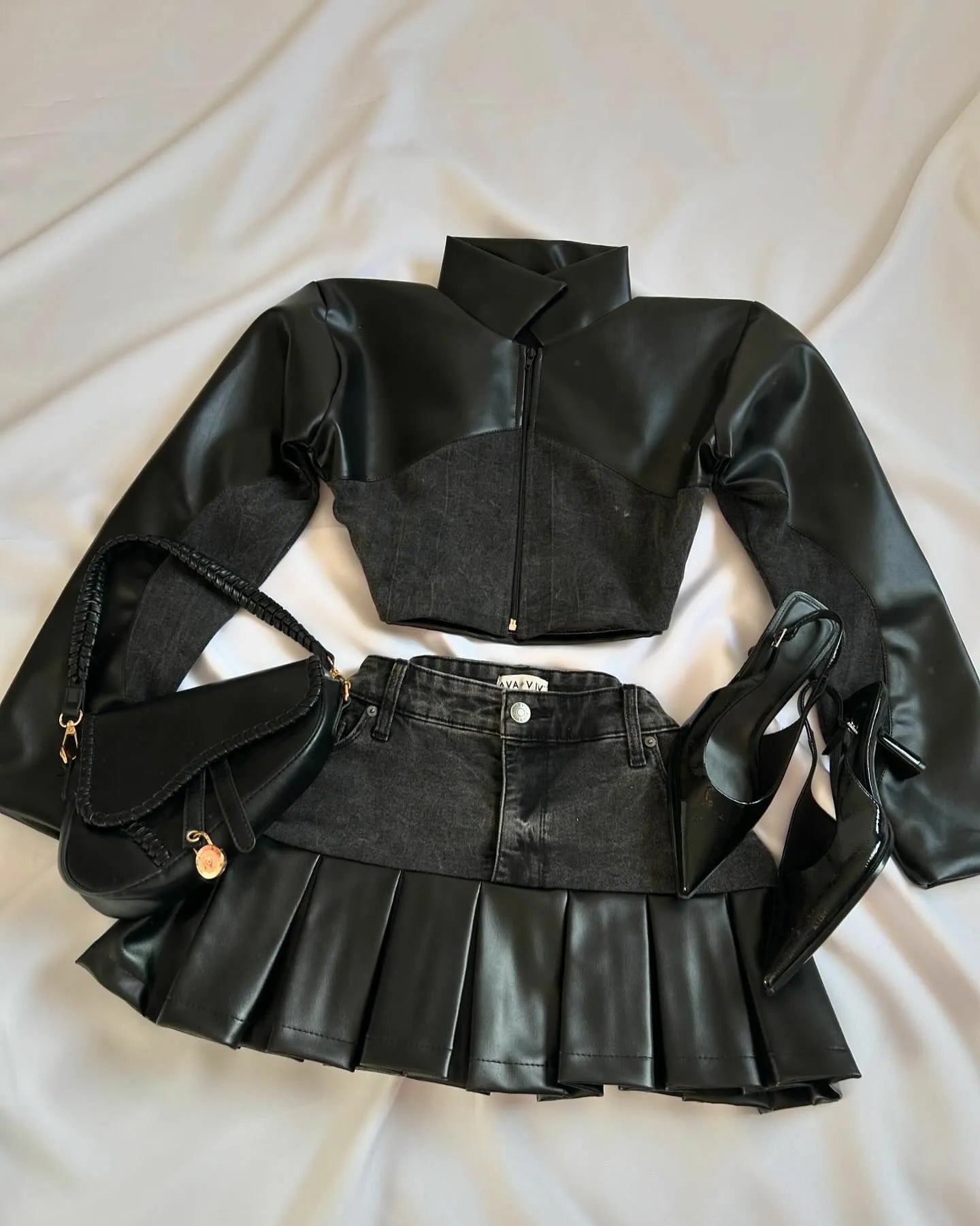 Y2K Leather Spliced Denim Black Two Piece Set Women Harajuku Gothic Long Sleeve Zipper Jacket Mini Pleated Skirt Autumn Jacket