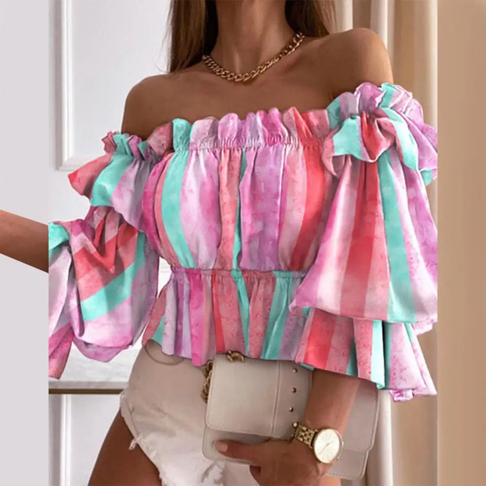 Off Shoulder Summer Ladies Multi-layer Top Colorful Pleated Autumn Blouse Fashion Women Ruffles Long Sleeve Shirt for Beach