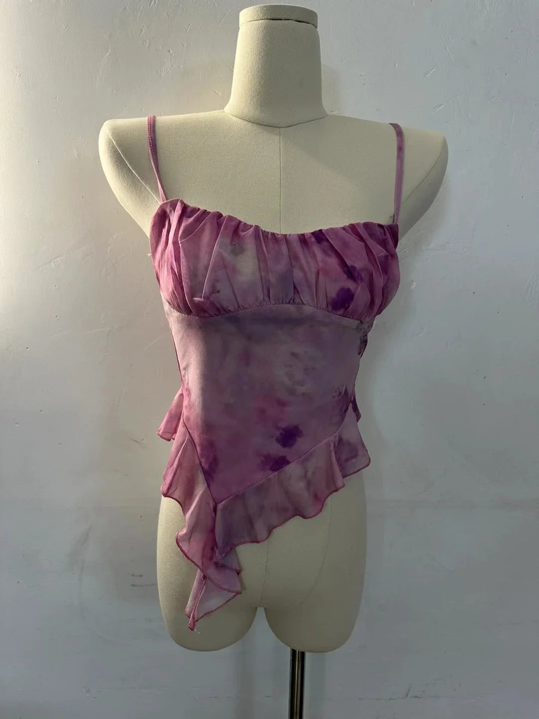 2024 New Girls Sweet Ruffles Mesh Camisole Top Lady Camis Sleeveless Printed Floral T shirts Stretch Slim Tanks For Slim Women