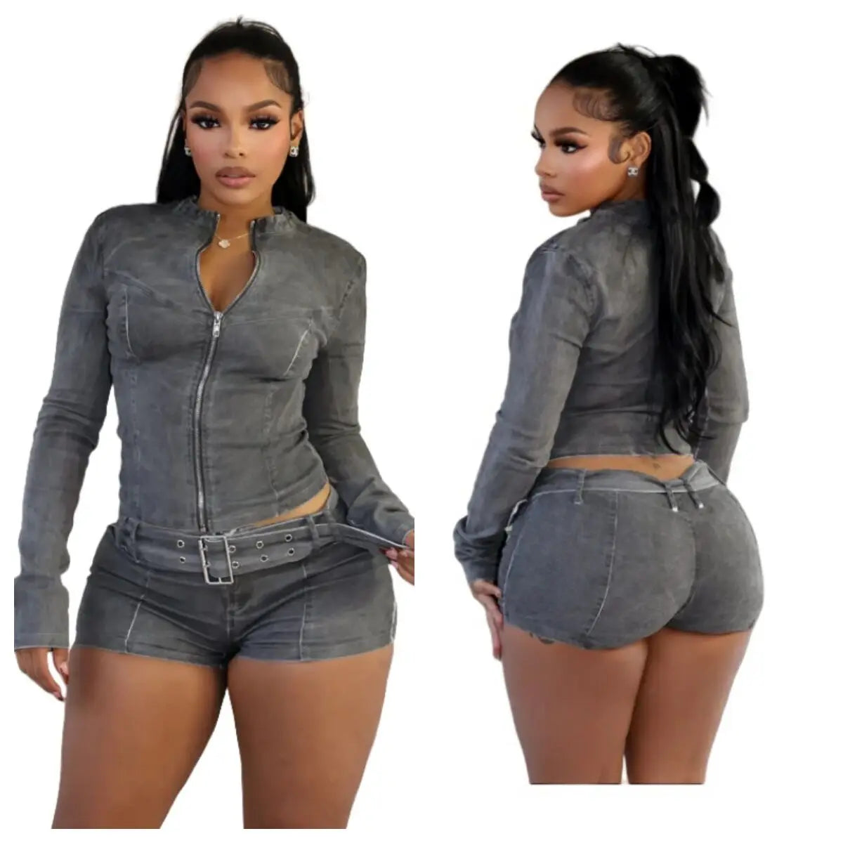 Streetwear Jeans Shorts Outfit Set Sexy Women Elegant Two Pieces Denim Club Macthing Jacket+Shorts