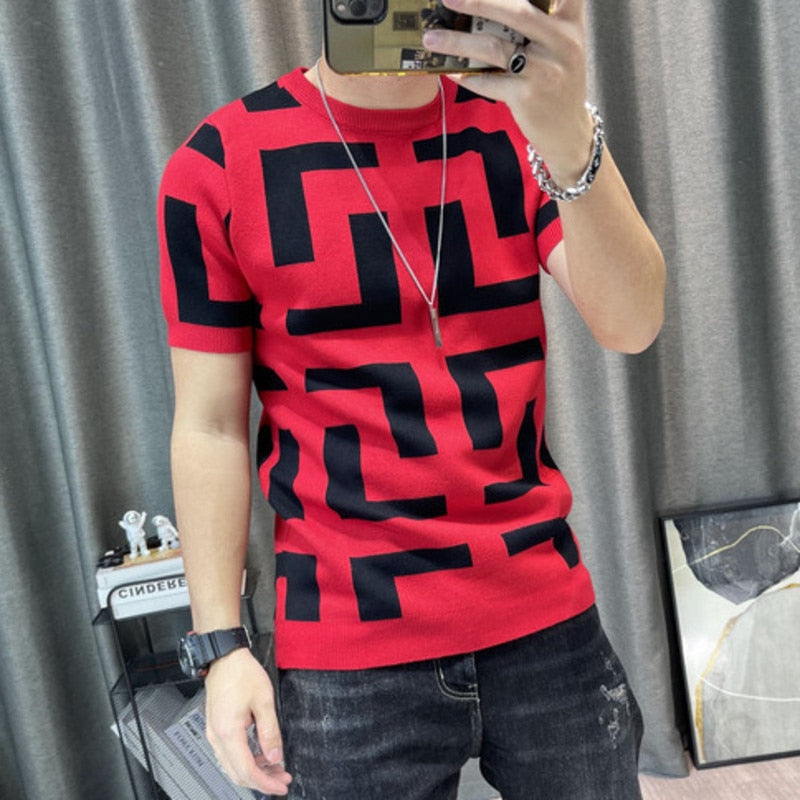 3 Color Short Sleeve Knitting T-Shirt Men Slim Streetwear Color Contrast T Shirt Men Tee Shirt Homme Social Club Outfits Tshirt