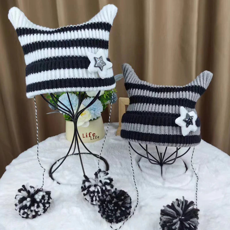 Gorros con orejas de gato japoneses Y2k hechos a mano, gorro de punto con pompón de pelo de estrella a rayas para chica, gorros cálidos para otoño e invierno