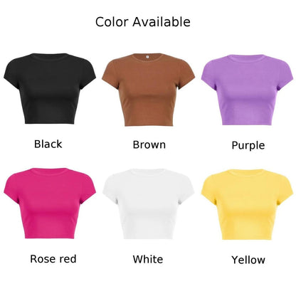 Top para mujer, camiseta de Color sólido, Top corto de manga corta, camisetas, ropa de verano para mujer, camisetas lisas elásticas con cuello redondo, ropa femenina