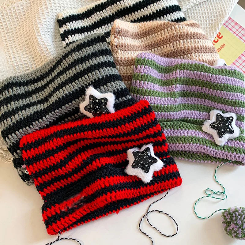 Gorros con orejas de gato japoneses Y2k hechos a mano, gorro de punto con pompón de pelo de estrella a rayas para chica, gorros cálidos para otoño e invierno