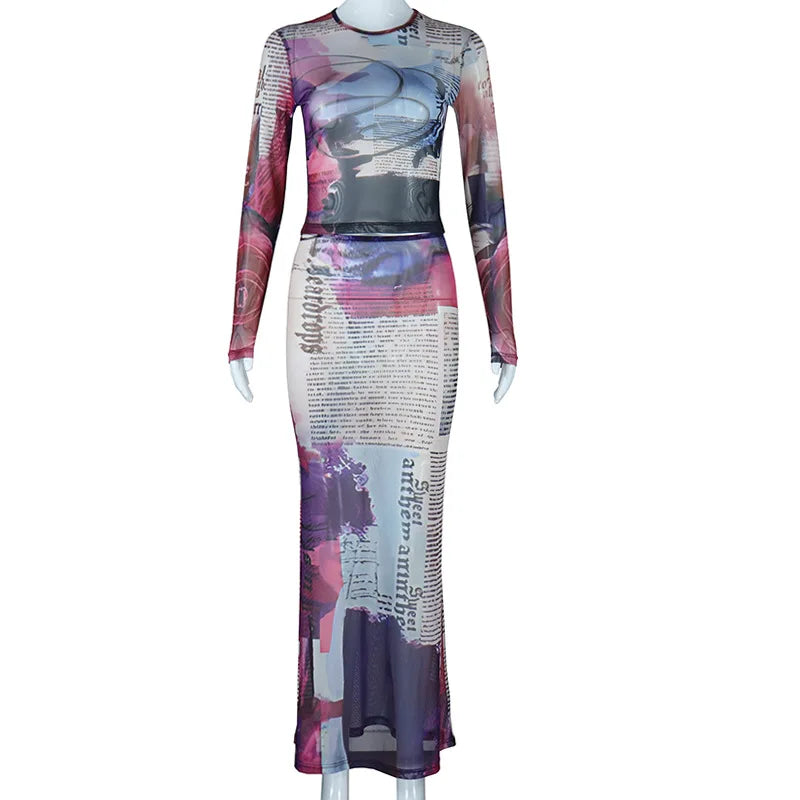 Echoine Print Sheer Mesh See Through Sexy Long Sleeve Crop Top and Skirt Two Piece Set Evening Party Outfits 2024