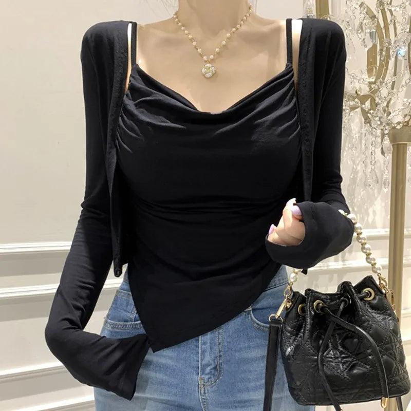 Korea New WOMENGAGA Slim Sexy Body Elegant Pleated Strap+Thin Cardigan Two Piece Shirt Top Sweet Fashion Women Blouse 8R62