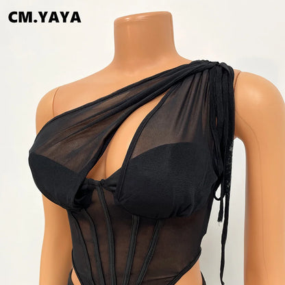 CM.YAYA Mesh See Though Women's Set One Shoulder Sleeveless Crop Top and Stacked Pants Suit 2023 Two 2Piece Set Outfit Tracksuit