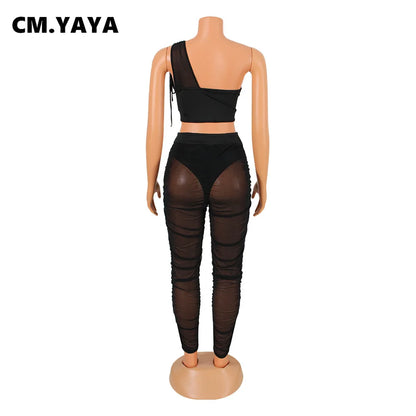 CM.YAYA Mesh See Though Women's Set One Shoulder Sleeveless Crop Top and Stacked Pants Suit 2023 Two 2Piece Set Outfit Tracksuit