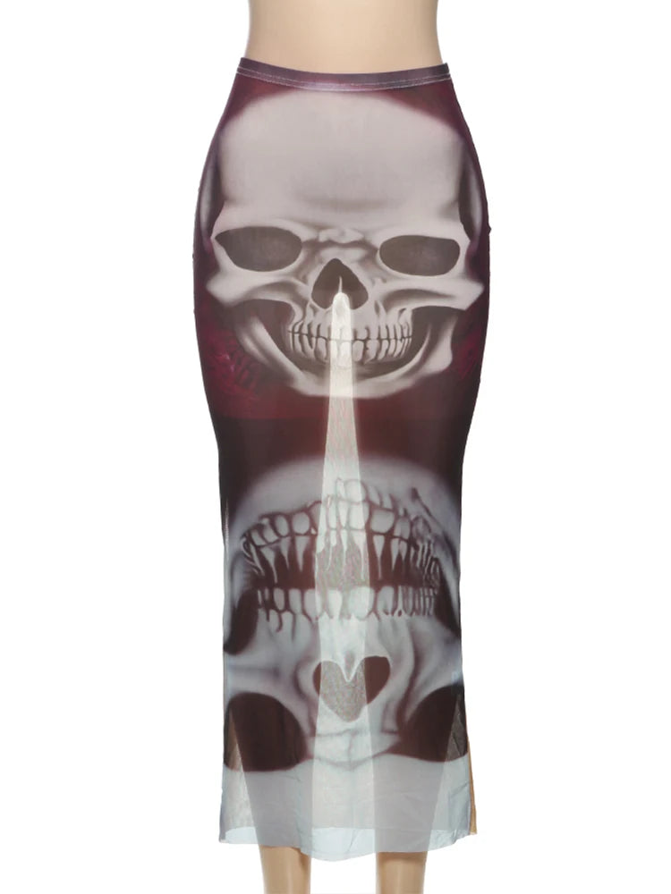 Weird Puss Skulls Print Skirts Women Sexy See Through Skinny 2025 Summer Trend Stretch Wild Basic Clubwear Midnight Long Skirts