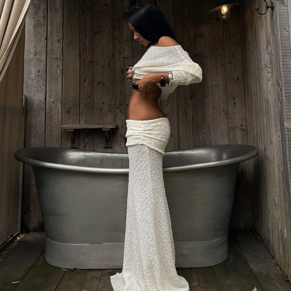 Summer Knit Beach Skirt Sets Women Sexy See Through Holiday Two Piece Outfits Long Sleeve Top and Maxi Skirt Matching Set 2025