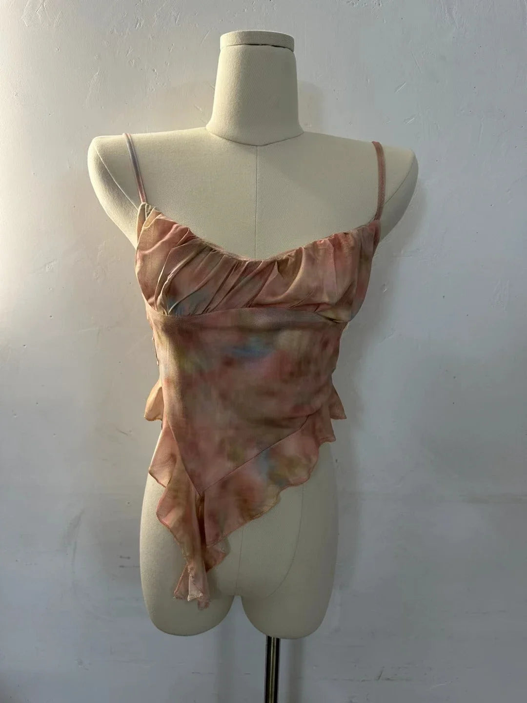 2024 New Girls Sweet Ruffles Mesh Camisole Top Lady Camis Sleeveless Printed Floral T shirts Stretch Slim Tanks For Slim Women