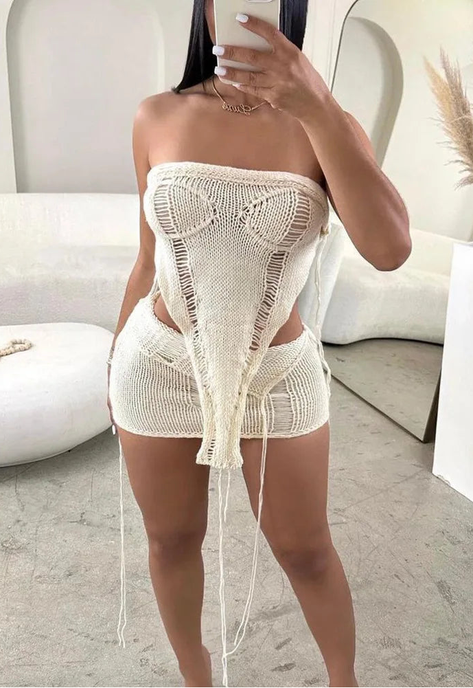 Echoine Irregular RibbonStrapless Crop Top and Mini Skirt Summer Knit Hollow Out See Through Matching Set  Two Piece Set Outfits