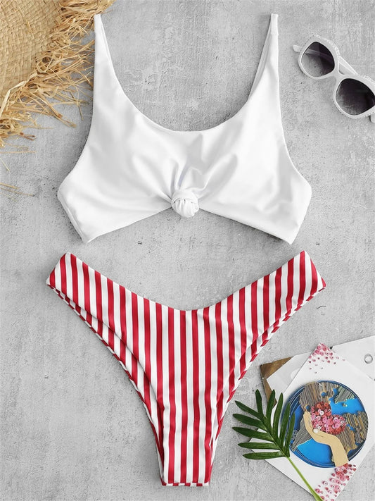 Sexy Micro Bikini 2022 Women Swimsuit Scoop Neck Striped Swimwear Knot Bow Fringe Summer Beachwear Bathing Suit Push Up Biquini