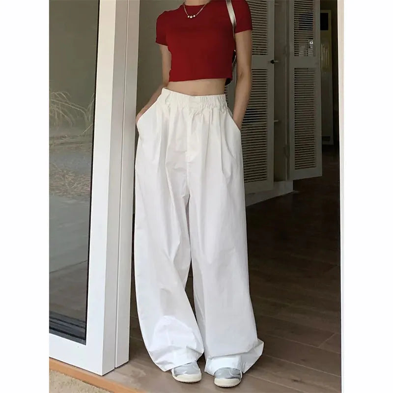 Zoki Y2K White Hip Hop Wide Leg Pants Women Autumn High Waist Korean Oversized Cargo Trousers Loose Chic All Match Streetwear