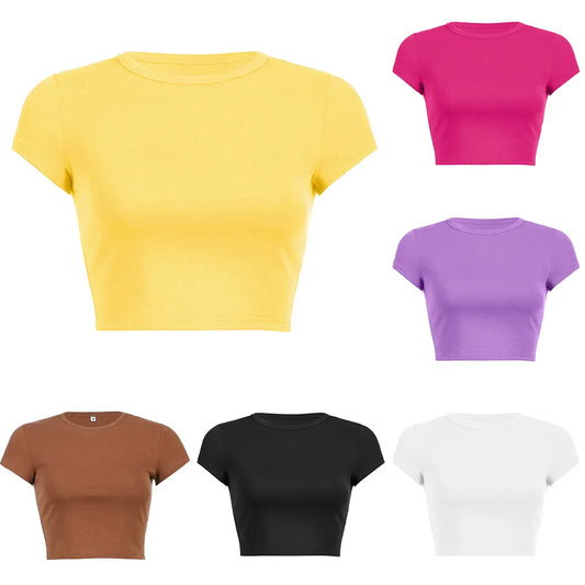 Top para mujer, camiseta de Color sólido, Top corto de manga corta, camisetas, ropa de verano para mujer, camisetas lisas elásticas con cuello redondo, ropa femenina