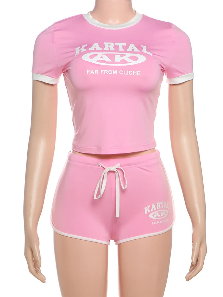 2piece Set Women Tracksuit Shorts Sleeve Crop Tops+Biker Shorts Letter Print Matching Street Stretch Suits