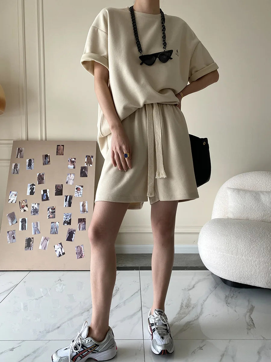 Suit Shorts With Ladies T-Shirt And Top Loose Oversized Cotton Summer Two Piece Ladies Classic Activewear Casual