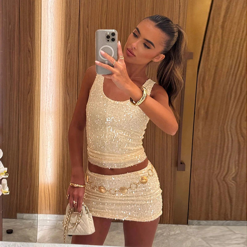Sexy Sequined A-line Skirts Sets Women Square Collar Sleeveless Sling Top Mini Skirt 2025 Spring Summer Lady High Street Outfits