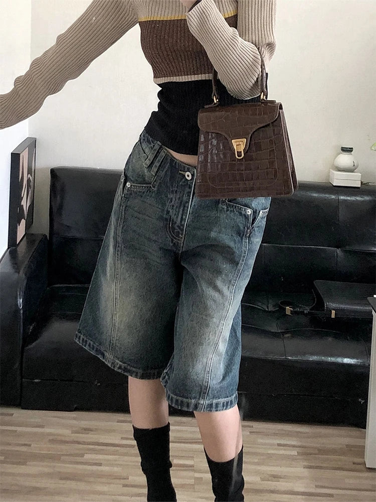 Summer American Vintage Denim Pants Loose Casual Knee Length Jean Shorts Wide Leg Kpop Y2k Streetwear Women Grunge Hip-pop Chic