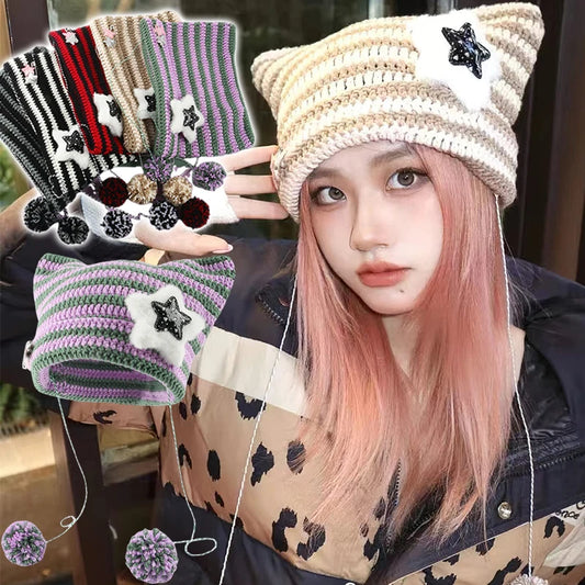 Gorros con orejas de gato japoneses Y2k hechos a mano, gorro de punto con pompón de pelo de estrella a rayas para chica, gorros cálidos para otoño e invierno