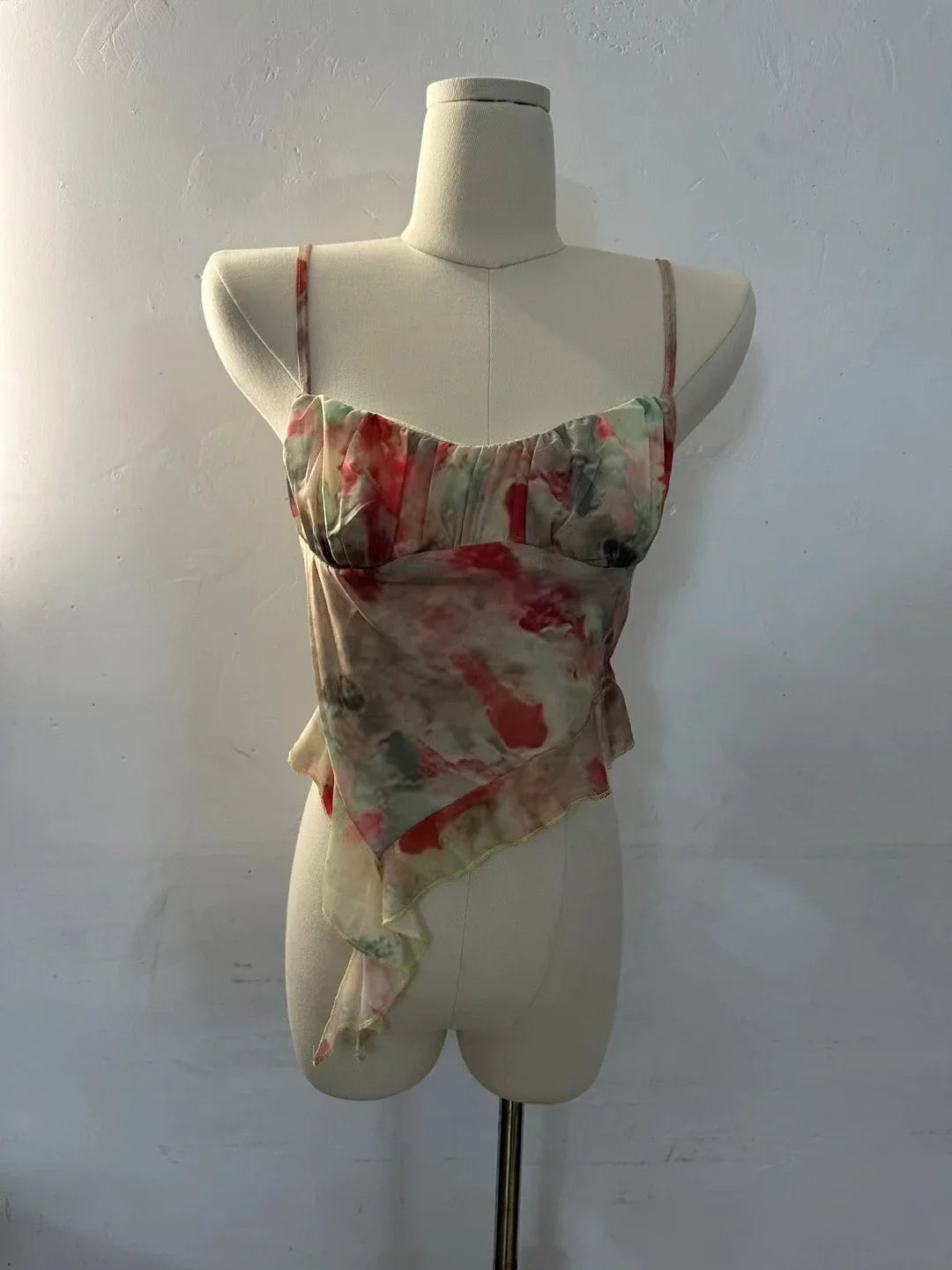 2024 New Girls Sweet Ruffles Mesh Camisole Top Lady Camis Sleeveless Printed Floral T shirts Stretch Slim Tanks For Slim Women